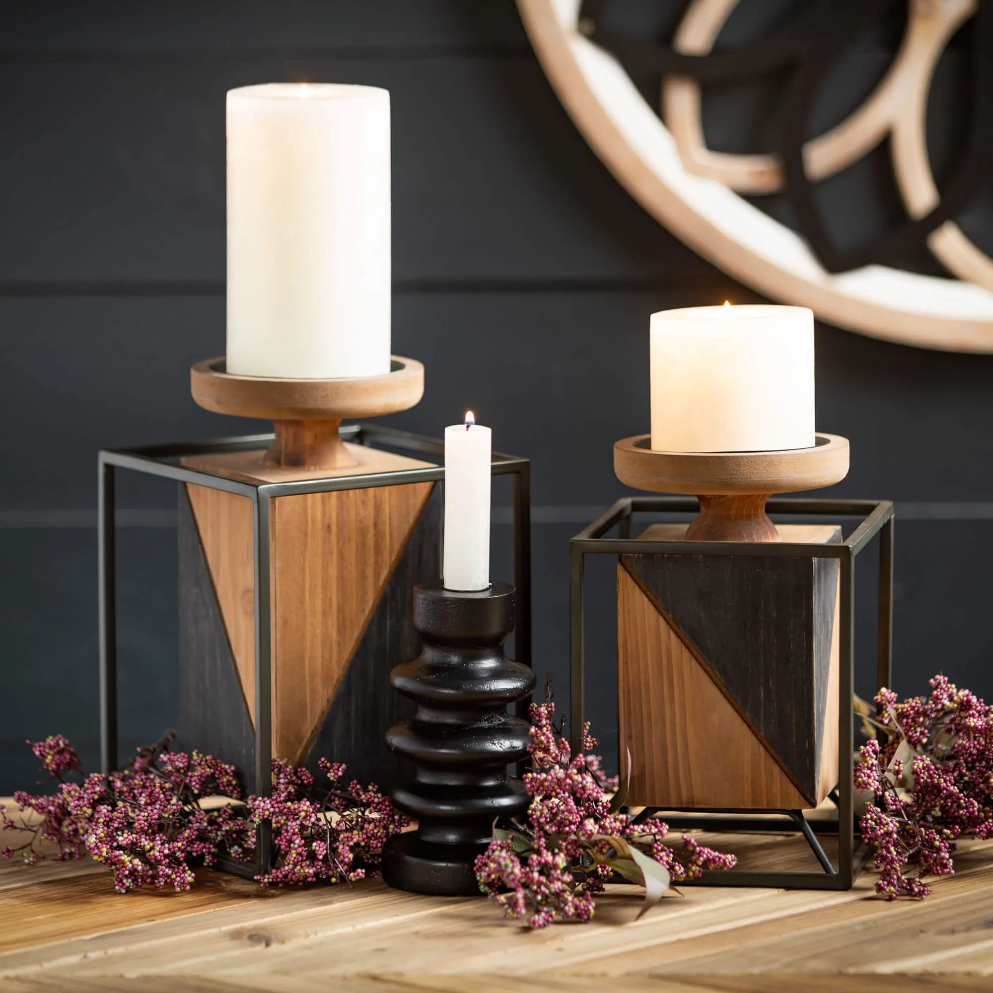 9.75" Wooden Block Pillar Holders - Set of 2, Multicolor