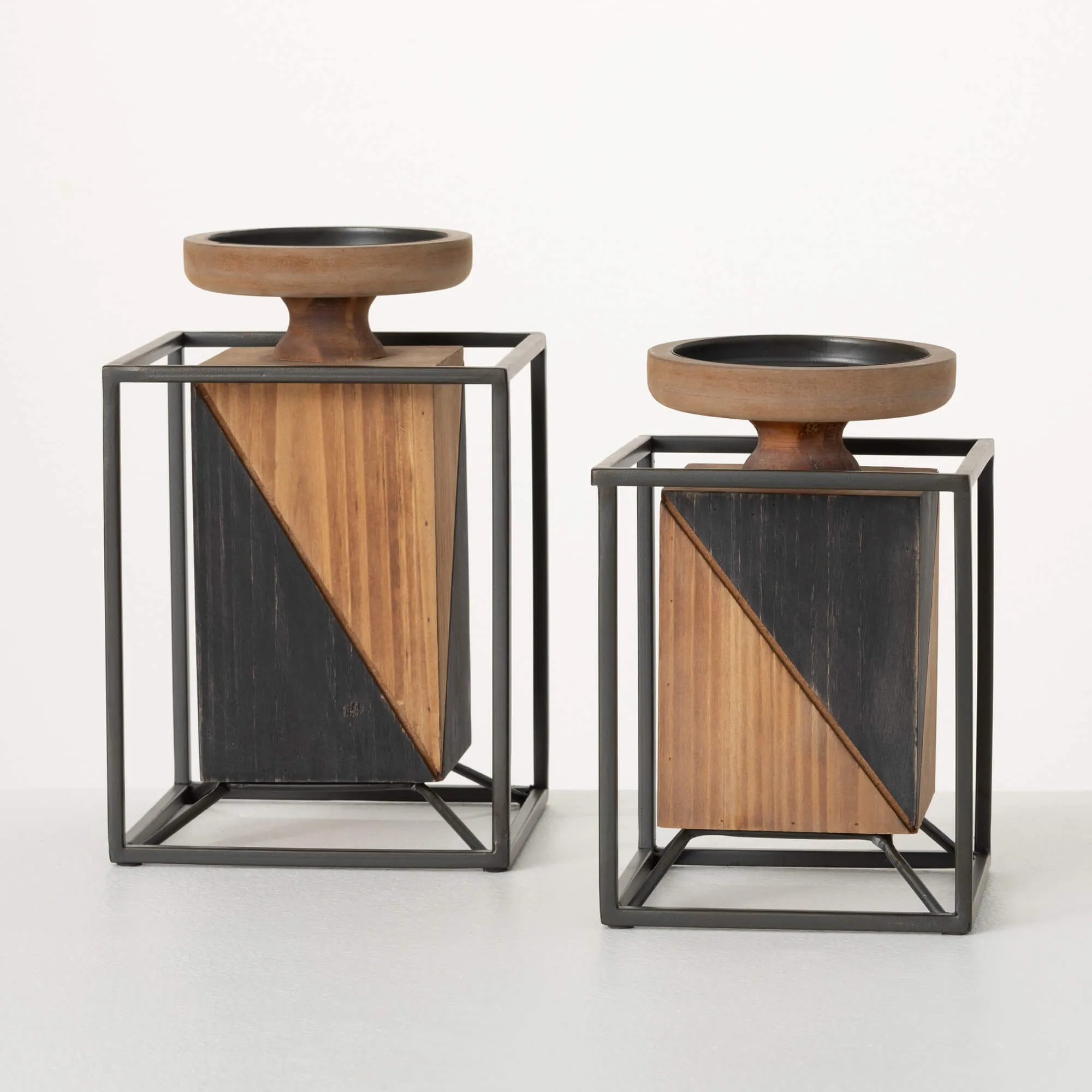 9.75" Wooden Block Pillar Holders - Set of 2, Multicolor
