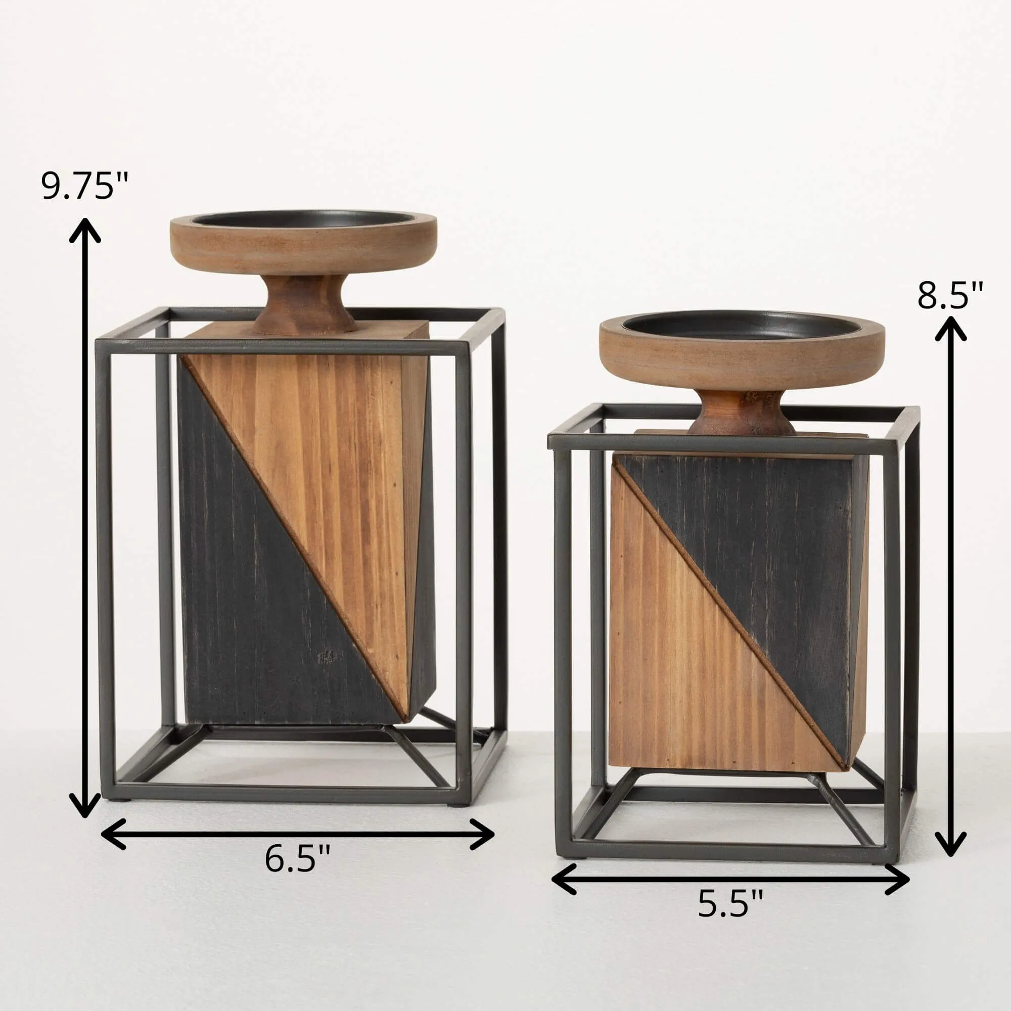 9.75" Wooden Block Pillar Holders - Set of 2, Multicolor