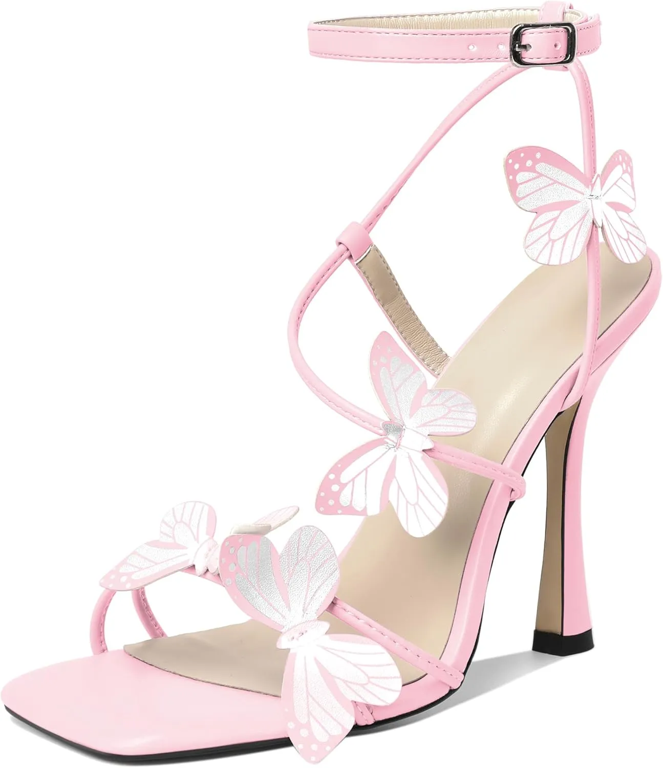 AUMOTED Womens Butterfly Heels Sandals Stilettos High Heels Strappy Square Open Toe Spool Butterfly Heeled Sandals 4 Inch Wedding Dress Shoes