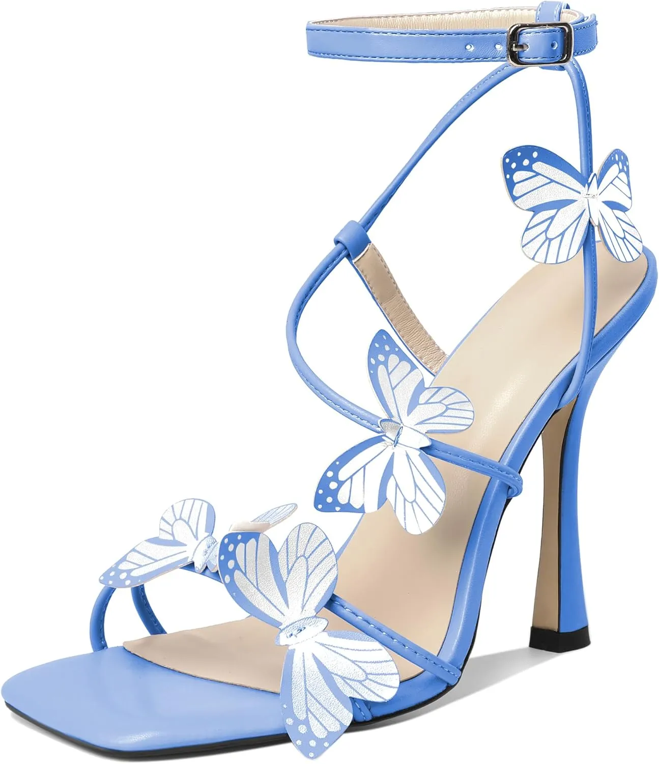 AUMOTED Womens Butterfly Heels Sandals Stilettos High Heels Strappy Square Open Toe Spool Butterfly Heeled Sandals 4 Inch Wedding Dress Shoes