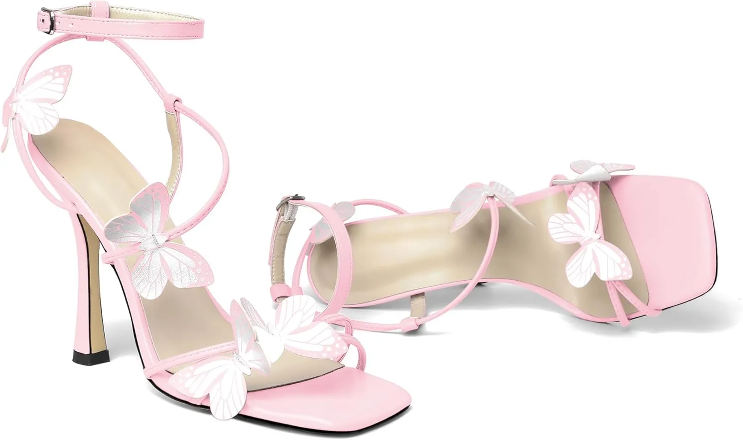 AUMOTED Womens Butterfly Heels Sandals Stilettos High Heels Strappy Square Open Toe Spool Butterfly Heeled Sandals 4 Inch Wedding Dress Shoes
