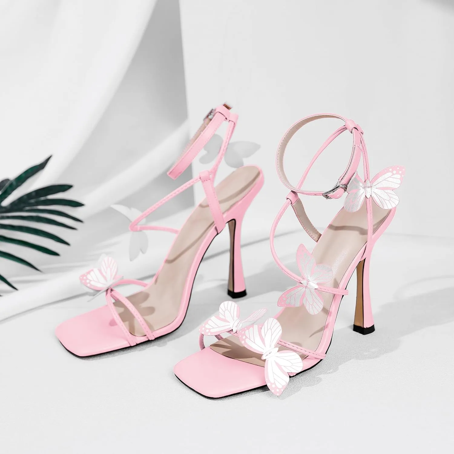 AUMOTED Womens Butterfly Heels Sandals Stilettos High Heels Strappy Square Open Toe Spool Butterfly Heeled Sandals 4 Inch Wedding Dress Shoes