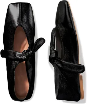 CELNEPHO Ballet Flats Shoes for Women Square Toe Bow Mary Jane Flats Dress Ballerina Flats for Women Slip On Comfortable Casual Black Shoes