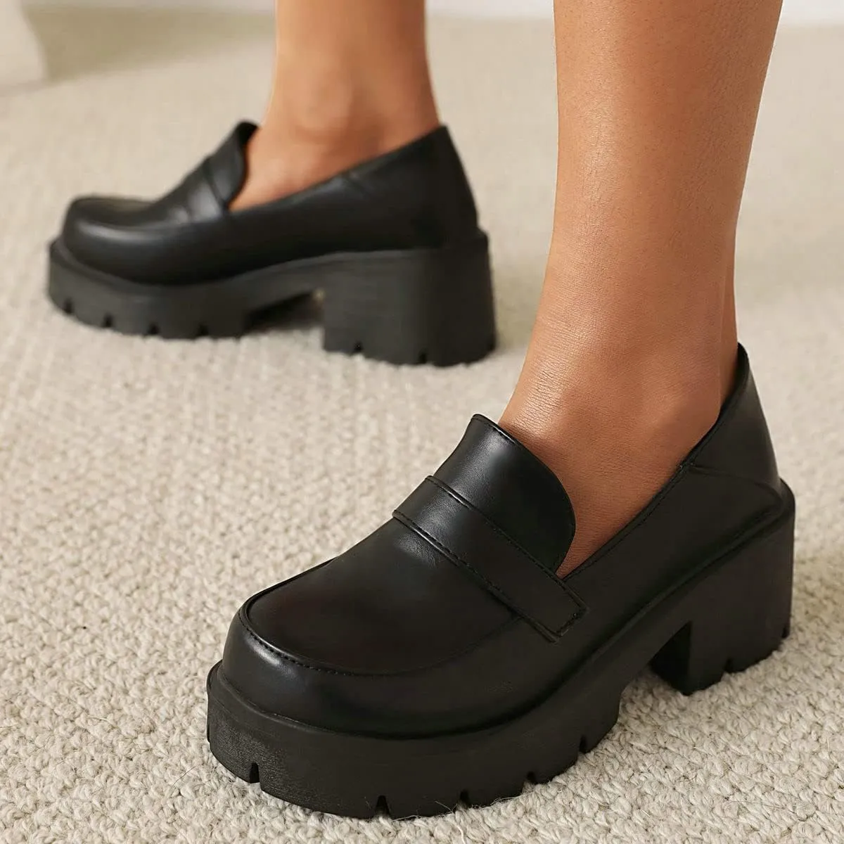 ClassicSter Womens Chunky Mid Heel Penny Loafers Round Toe Platform Slip On Uniform Shoes