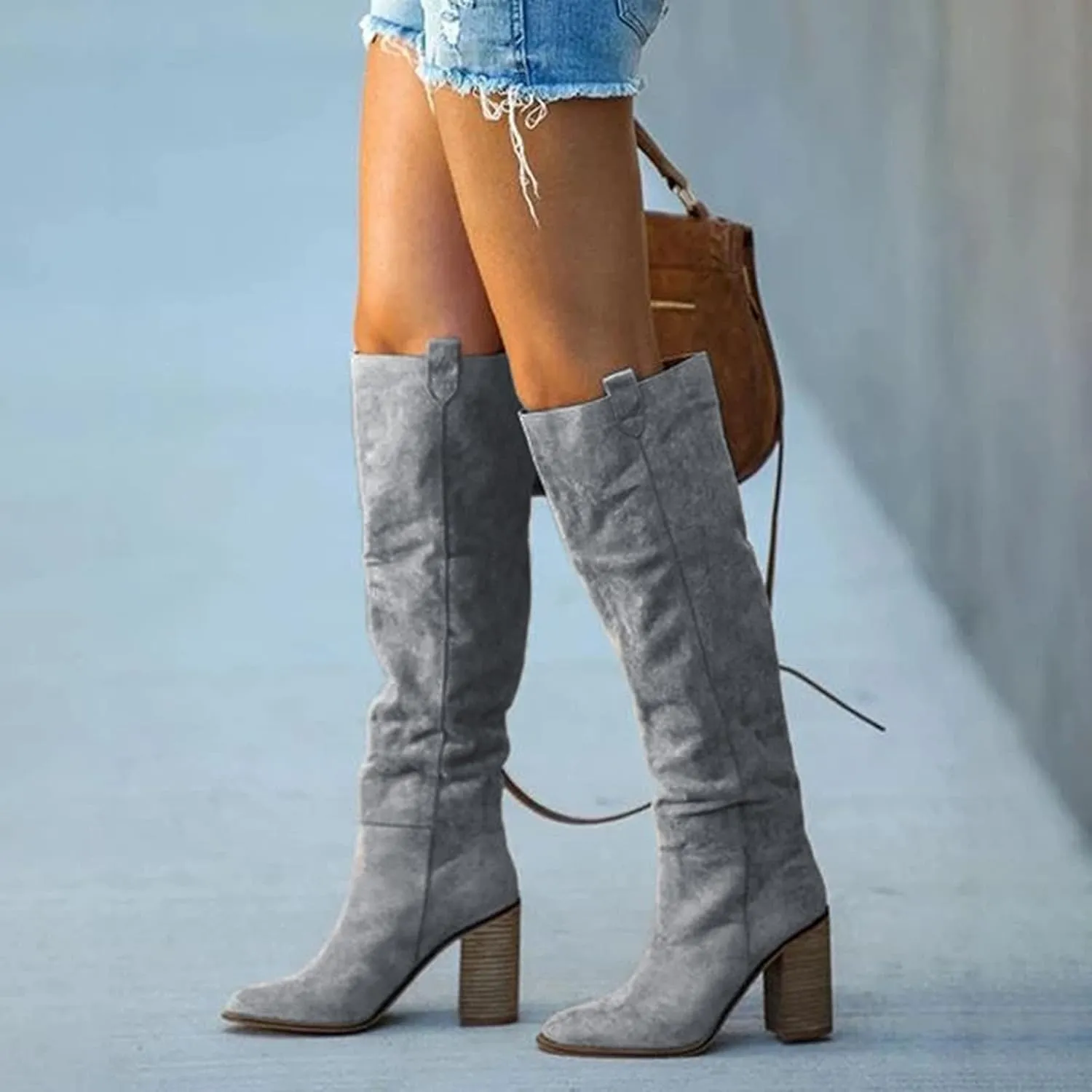 Cowboy Boots For Women High Chunky Heeled Knee High Boots Pull On Pointed Suede Thigh High Boots Long Bootie