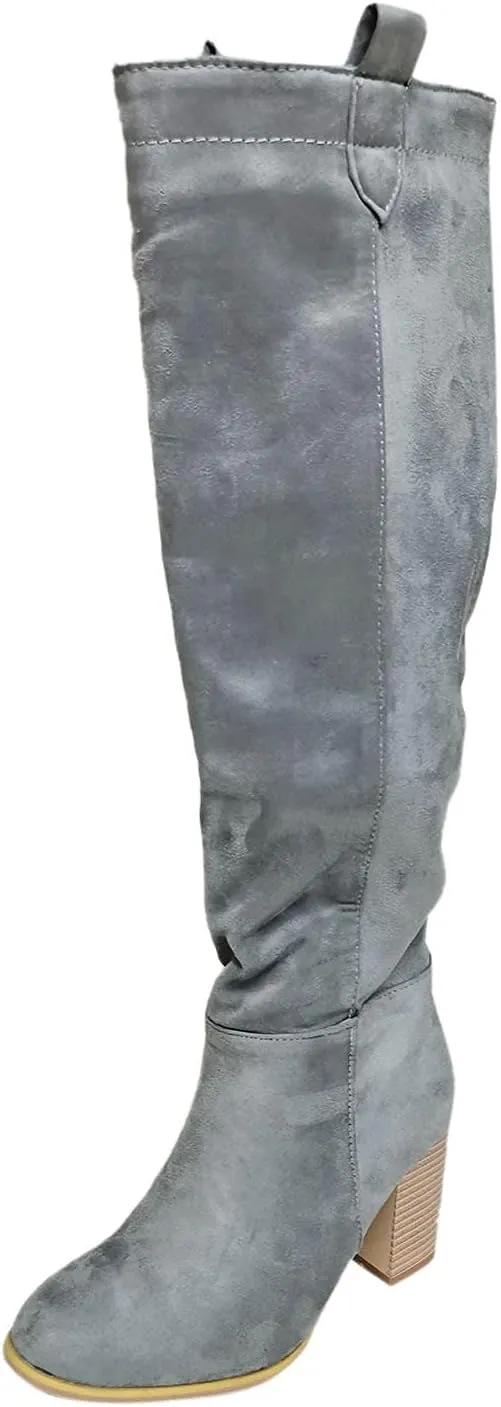 Cowboy Boots For Women High Chunky Heeled Knee High Boots Pull On Pointed Suede Thigh High Boots Long Bootie