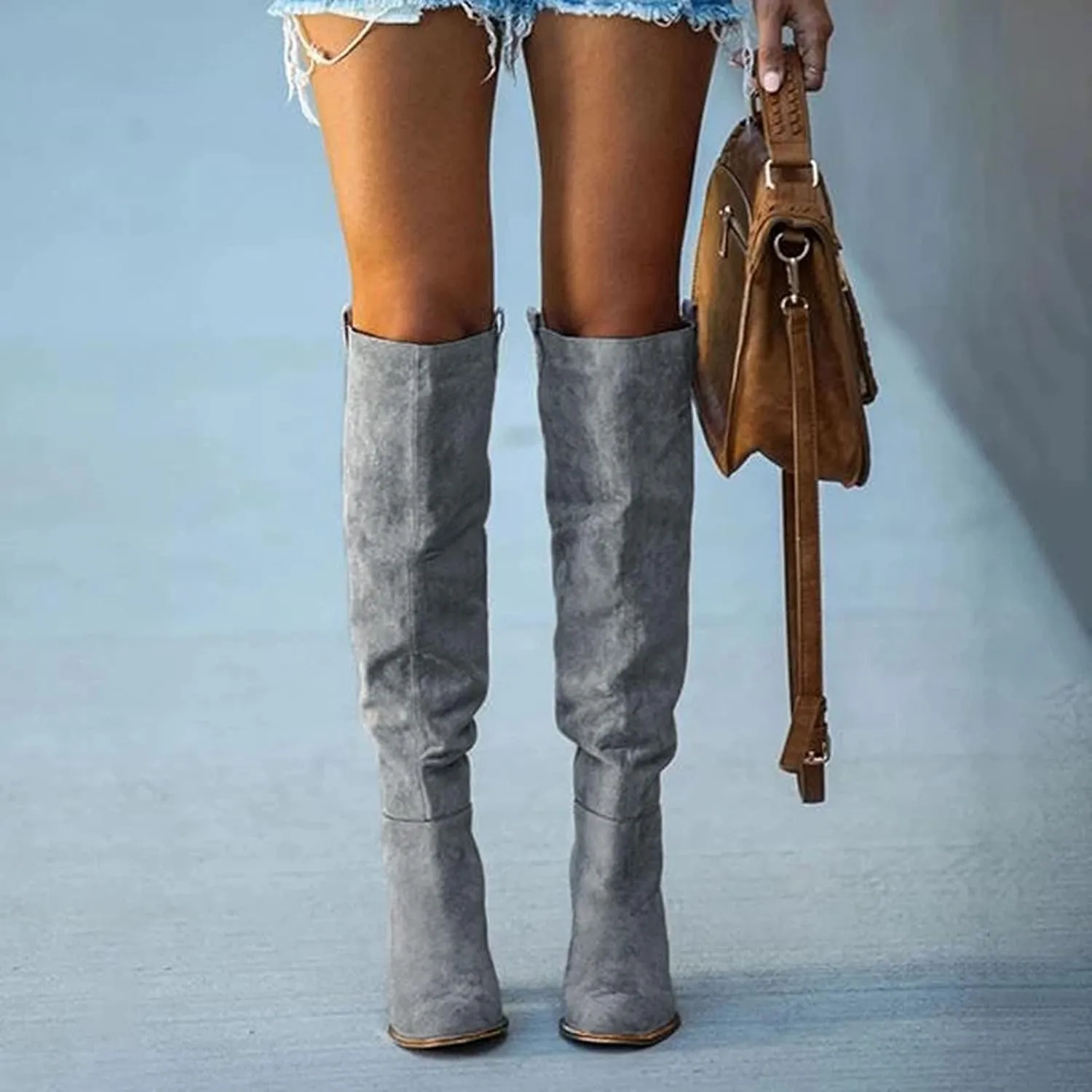 Cowboy Boots For Women High Chunky Heeled Knee High Boots Pull On Pointed Suede Thigh High Boots Long Bootie