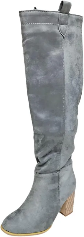 Cowboy Boots For Women High Chunky Heeled Knee High Boots Pull On Pointed Suede Thigh High Boots Long Bootie