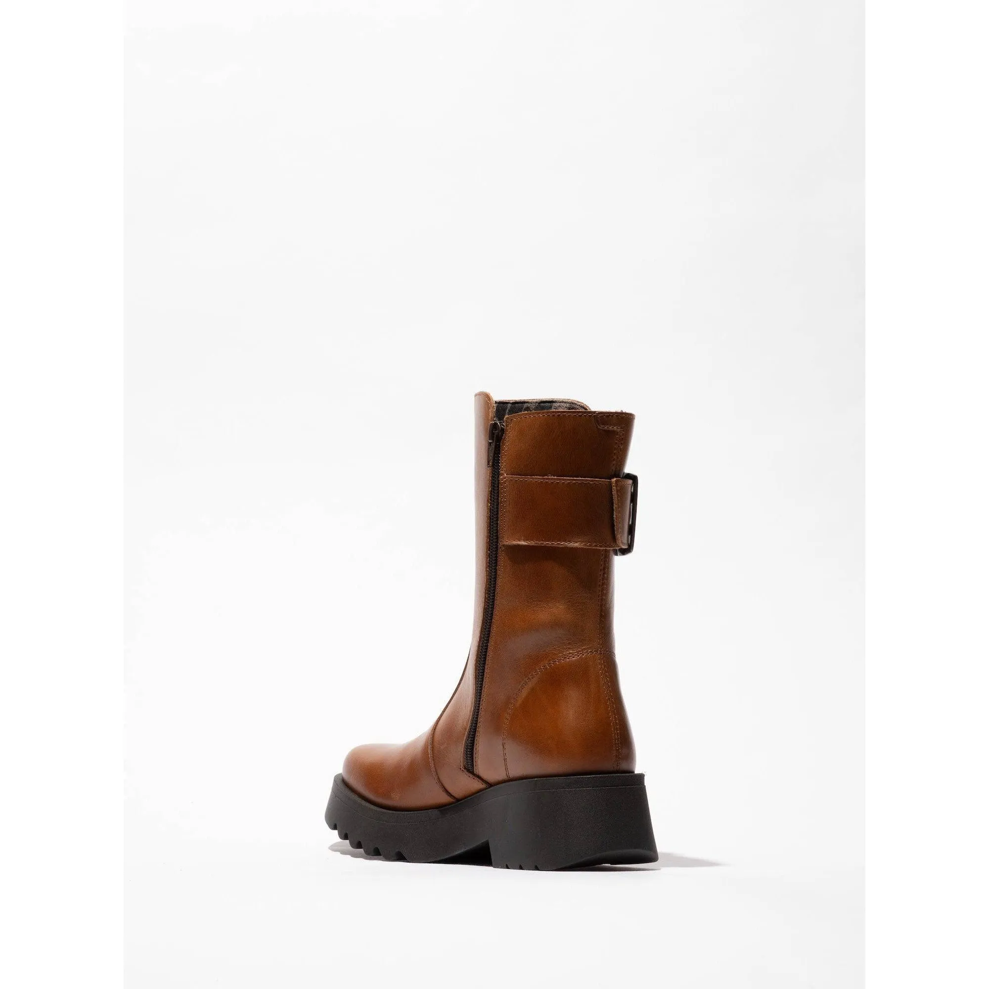 Fly MAZZ127 Rug Ladies Mid Brown Leather Side Zip Mid-Calf Boots