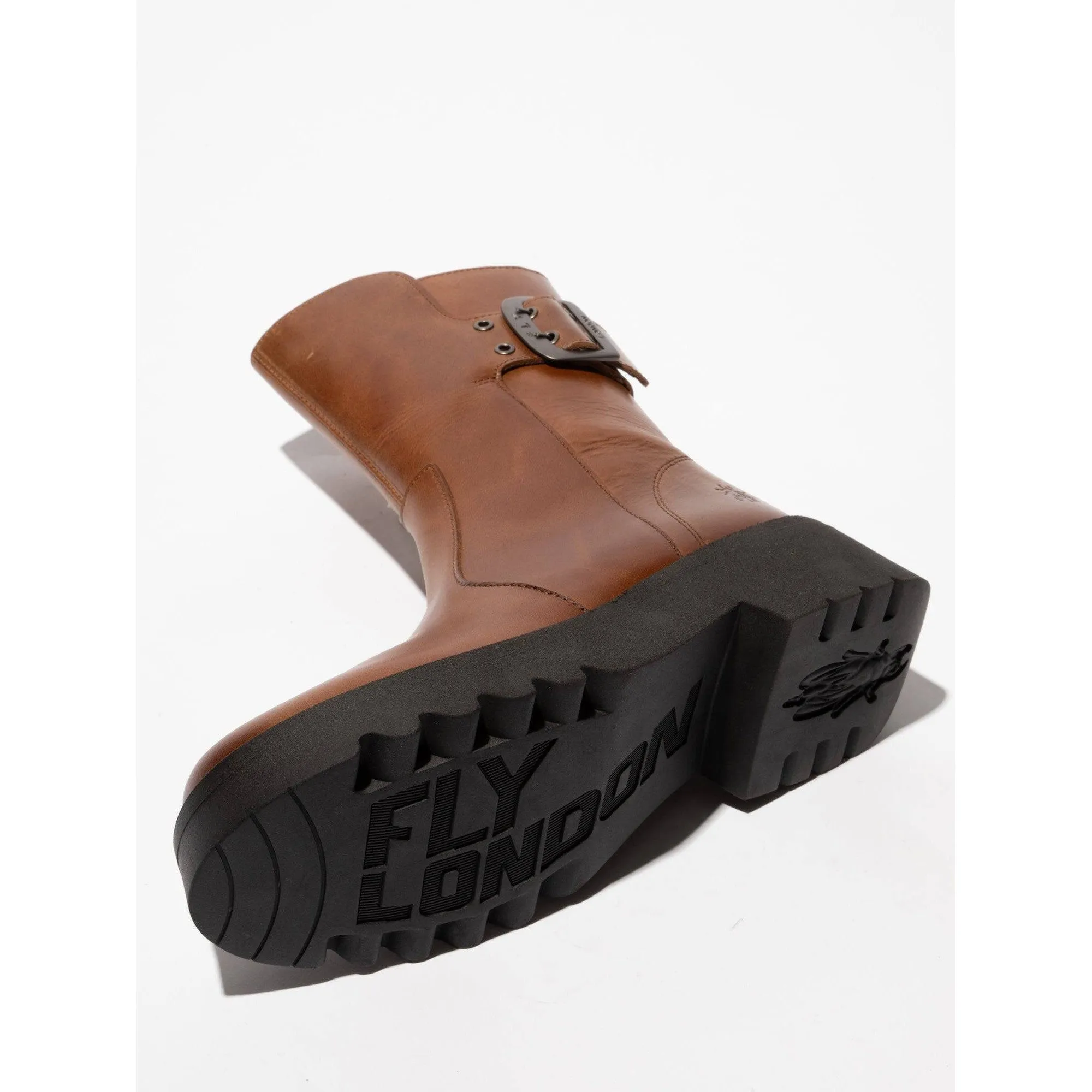 Fly MAZZ127 Rug Ladies Mid Brown Leather Side Zip Mid-Calf Boots