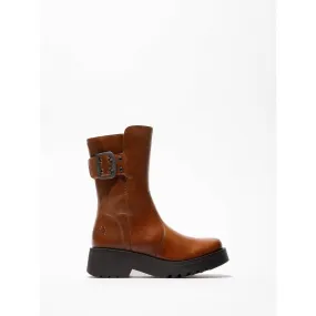 Fly MAZZ127 Rug Ladies Mid Brown Leather Side Zip Mid-Calf Boots