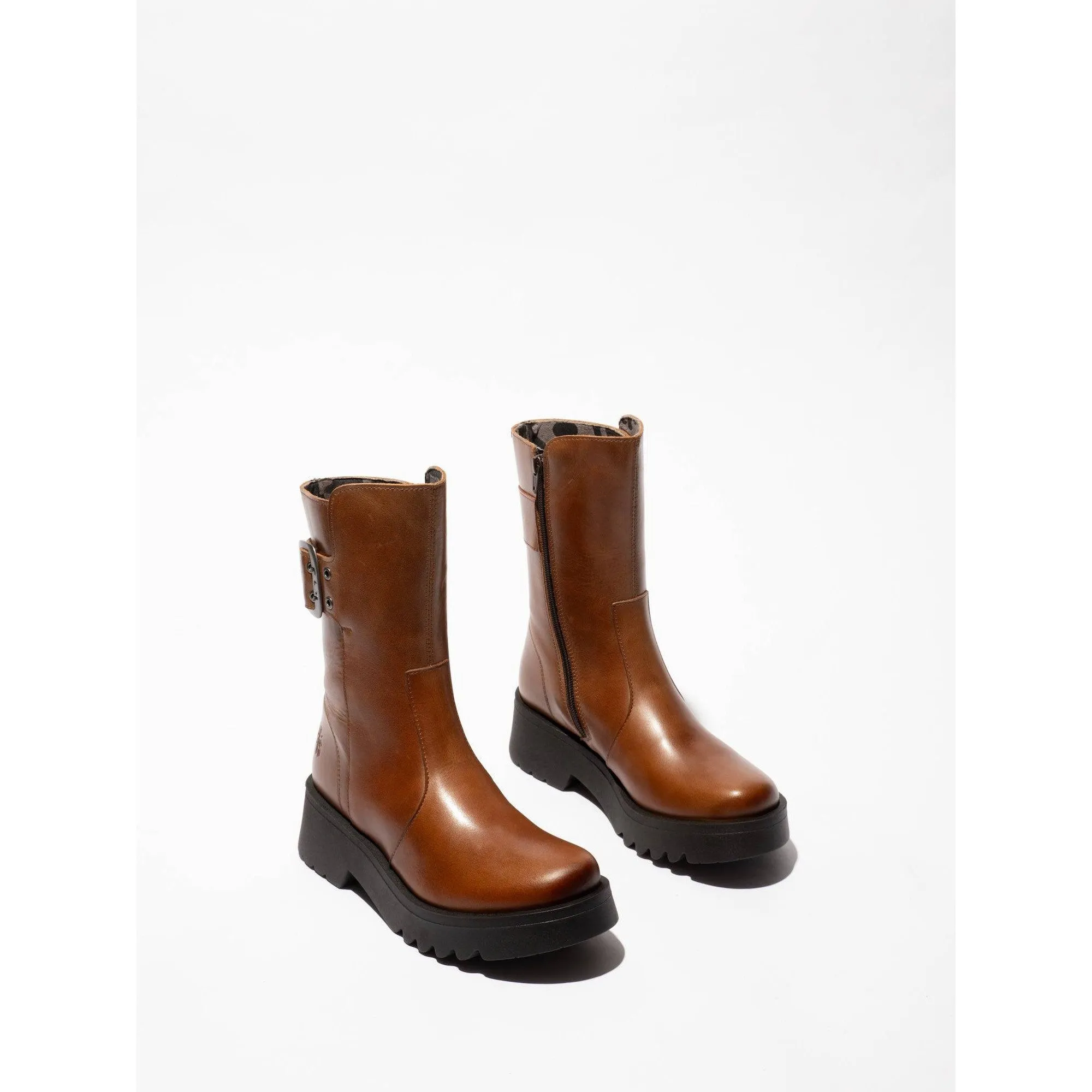 Fly MAZZ127 Rug Ladies Mid Brown Leather Side Zip Mid-Calf Boots
