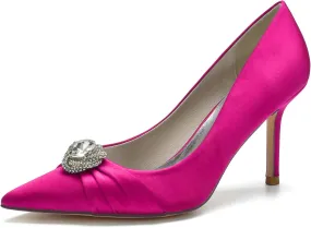 FufoneUS Bridal Shoes Women's Closed Toe Stiletto Bridal Evening Party Wedding Dress Shoes with Crystal,Rose red,5