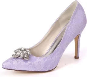 FufoneUS Wedding Bridal Shoes Women Pointed Toe Stiletto Heel Evening Party Pump Shoes with Rhinestone Buckle,Light Purple,9