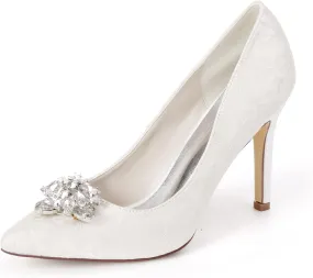 FufoneUS Wedding Bridal Shoes Women Pointed Toe Stiletto Heel Evening Party Pump Shoes with Rhinestone Buckle,White,11