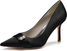 FufoneUS Women's Bridal Shoes Closed Toe 3.35" Stiletto Heel Lace Satin Pumps Evening Wedding Heels,Black,6