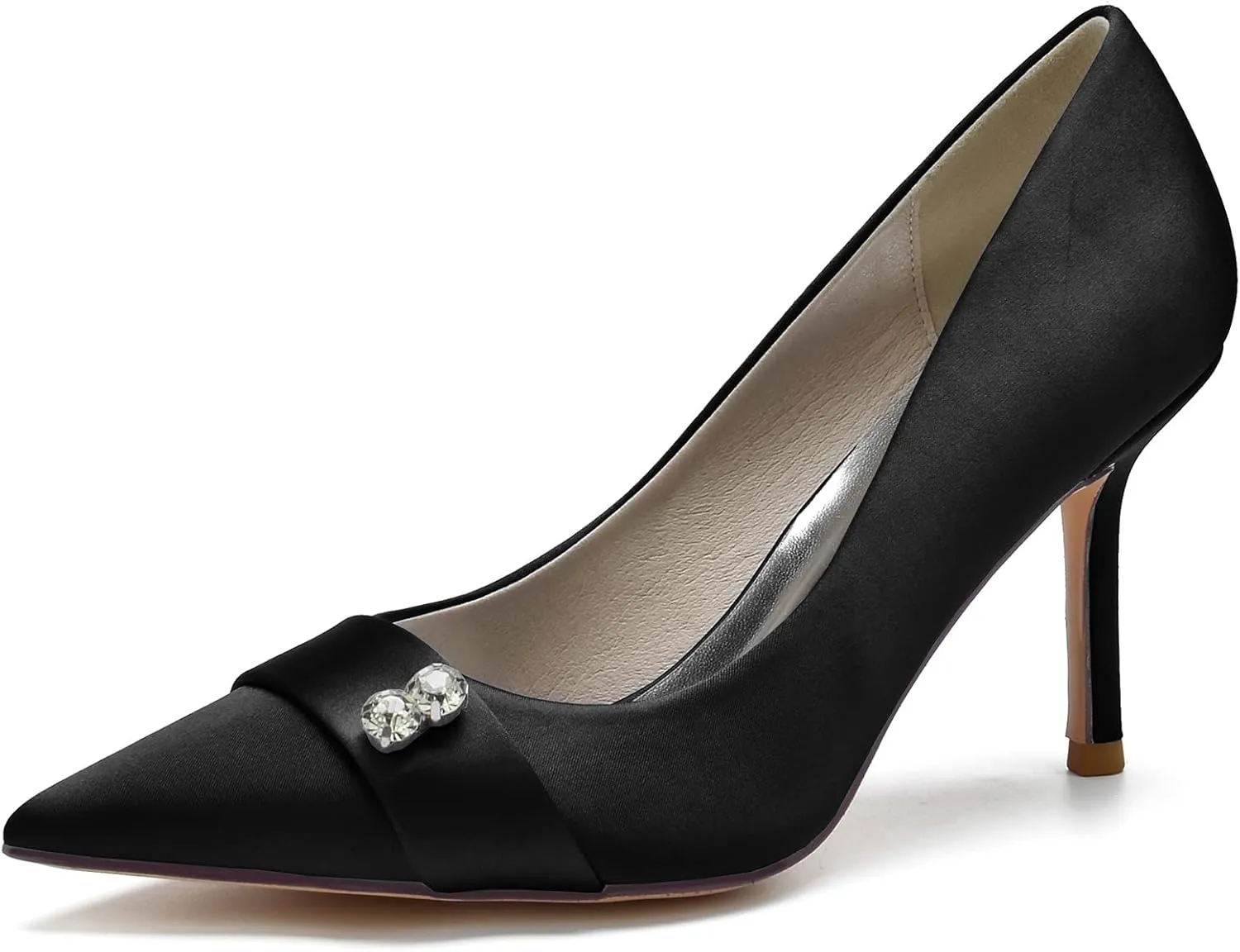 FufoneUS Women's Bridal Shoes Closed Toe 3.35" Stiletto Heel Lace Satin Pumps Evening Wedding Heels,Black,6