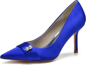 FufoneUS Women's Bridal Shoes Closed Toe 3.35" Stiletto Heel Lace Satin Pumps Evening Wedding Heels,Royal Blue,9