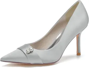 FufoneUS Women's Bridal Shoes Closed Toe 3.35" Stiletto Heel Lace Satin Pumps Evening Wedding Heels,Silver,8