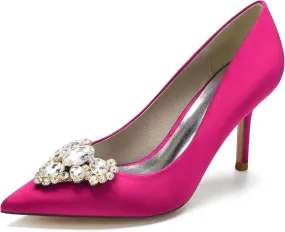 FufoneUS Women's Stiletto High Heel Dress Pumps Pointed Toe Bridal Wedding Evening Prom Shoes with Crystal,Rose red,9