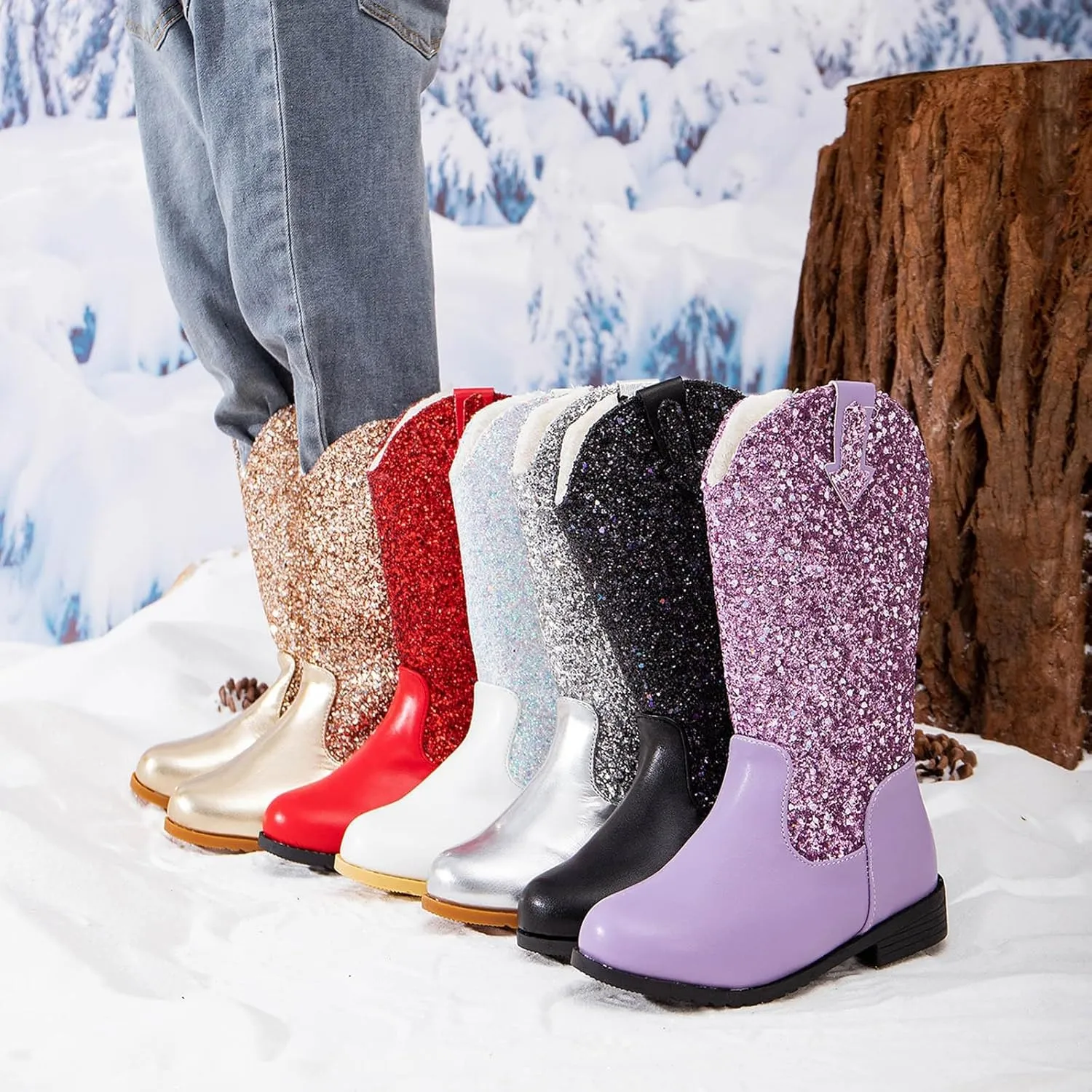 Girls Cowgirl Boots Child Mid Calf Warm Fur Lined Glitter Toddler Cowboy Boot Little Big Kids Western Riding Shoes