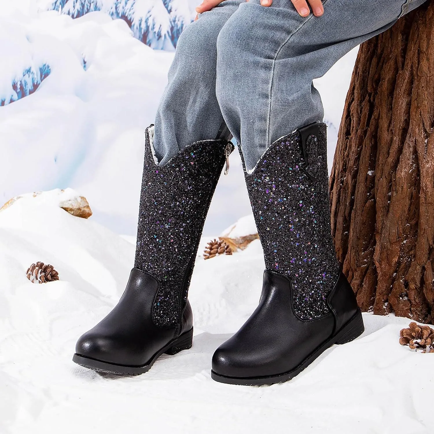 Girls Cowgirl Boots Child Mid Calf Warm Fur Lined Glitter Toddler Cowboy Boot Little Big Kids Western Riding Shoes