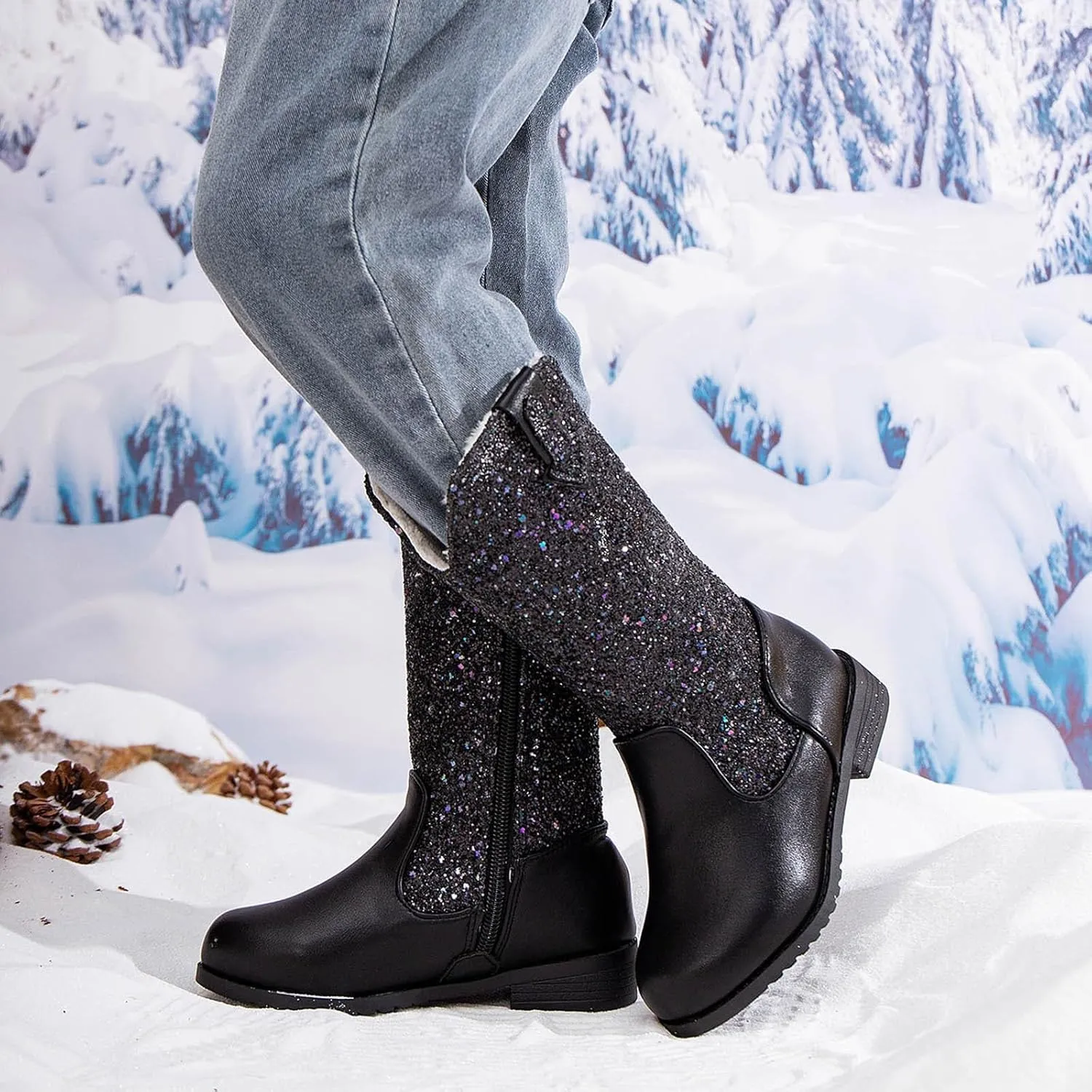 Girls Cowgirl Boots Child Mid Calf Warm Fur Lined Glitter Toddler Cowboy Boot Little Big Kids Western Riding Shoes