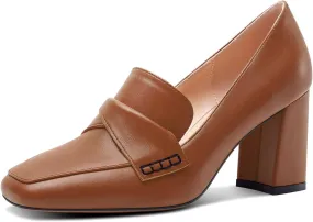 HDEUOLM Womens Chunky Block Mid Heel Square Toe Pumps Slip-on Loafers Shoes Office Basic Classic 3.2 Inches Shoes