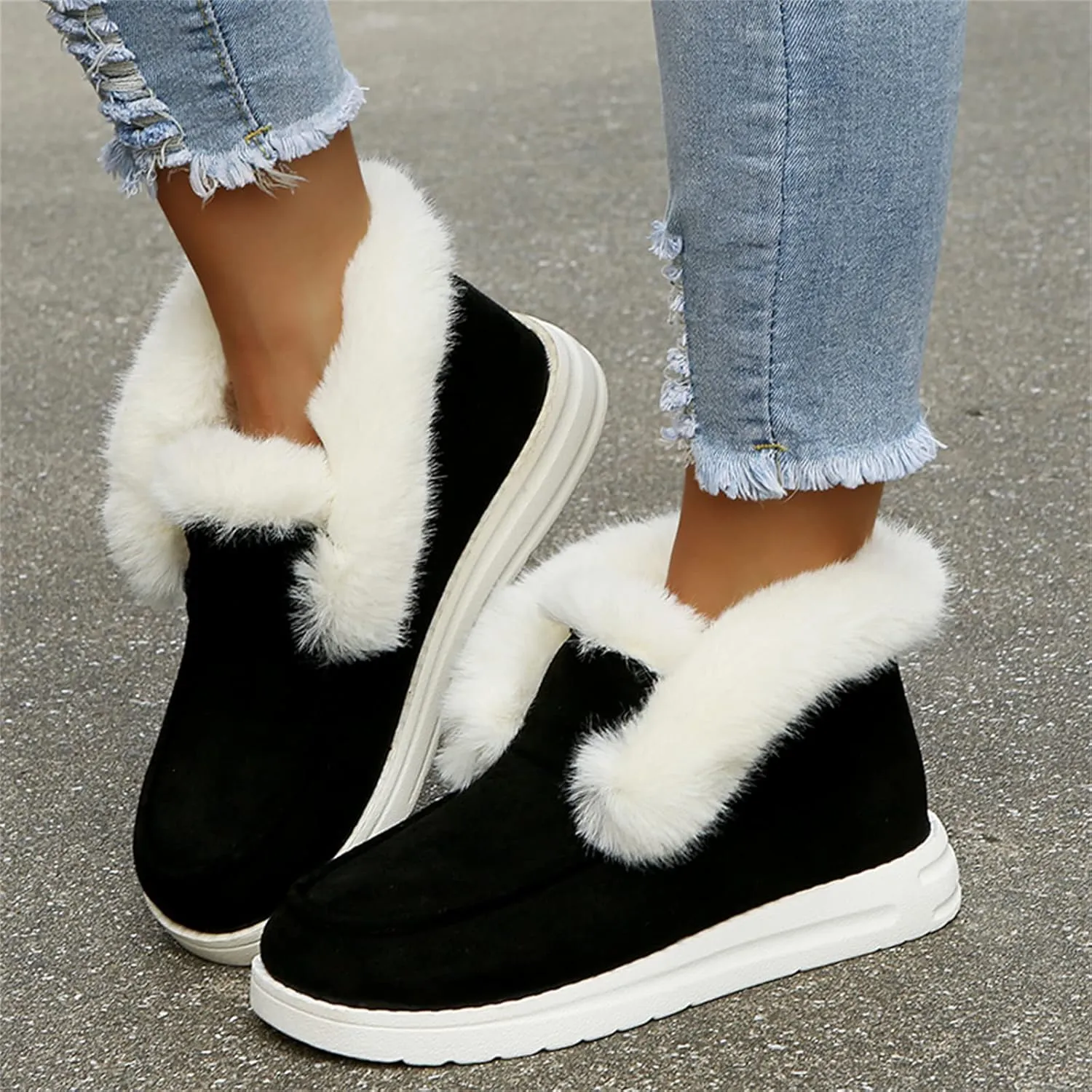 Lausiuoe Winter Boots For Women Fashion 2022 Fuzzy Ankle Bootie Warm Fluffy Silp On Casual Loafers House Shoes Slippers