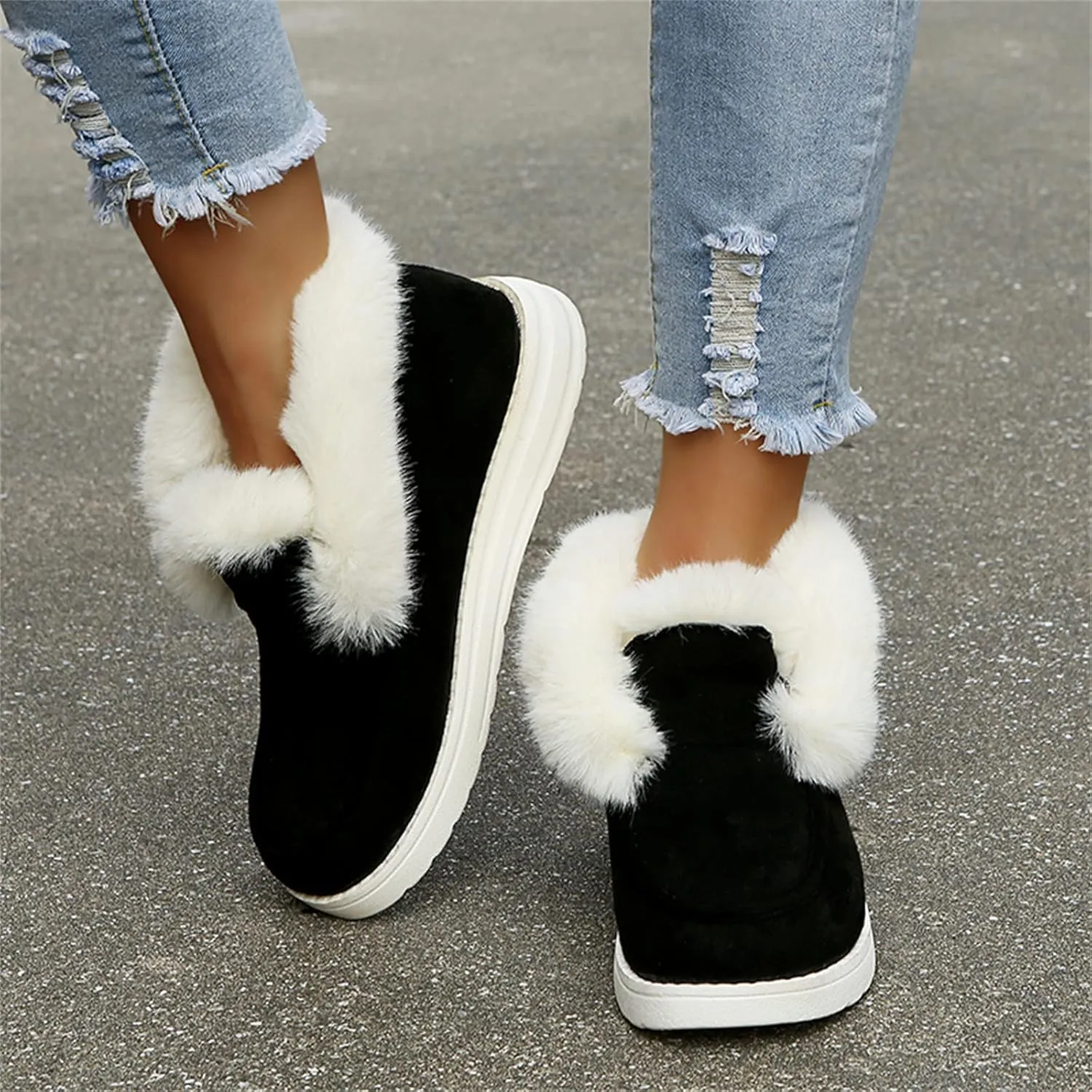Lausiuoe Winter Boots For Women Fashion 2022 Fuzzy Ankle Bootie Warm Fluffy Silp On Casual Loafers House Shoes Slippers