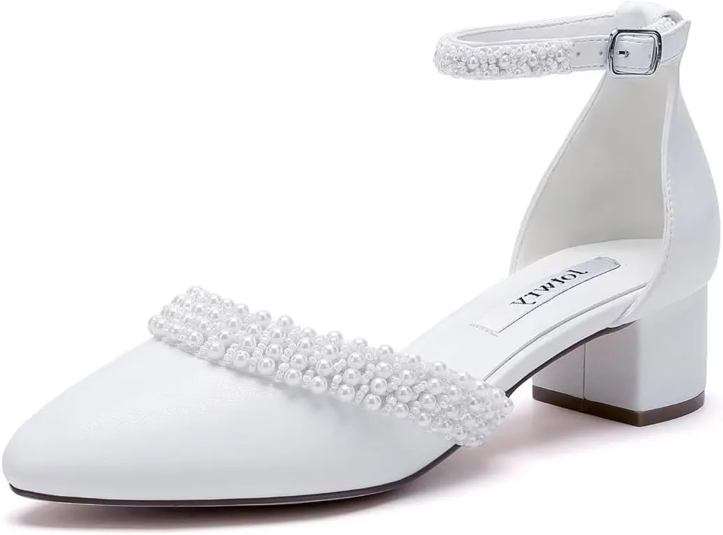 Low Block Heel Wedding Shoes for Bride Pearl Heels for Women Round Toe Bridal Shoes