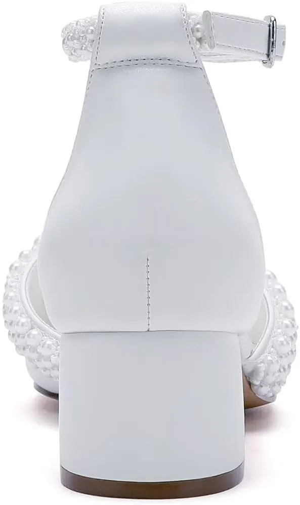 Low Block Heel Wedding Shoes for Bride Pearl Heels for Women Round Toe Bridal Shoes