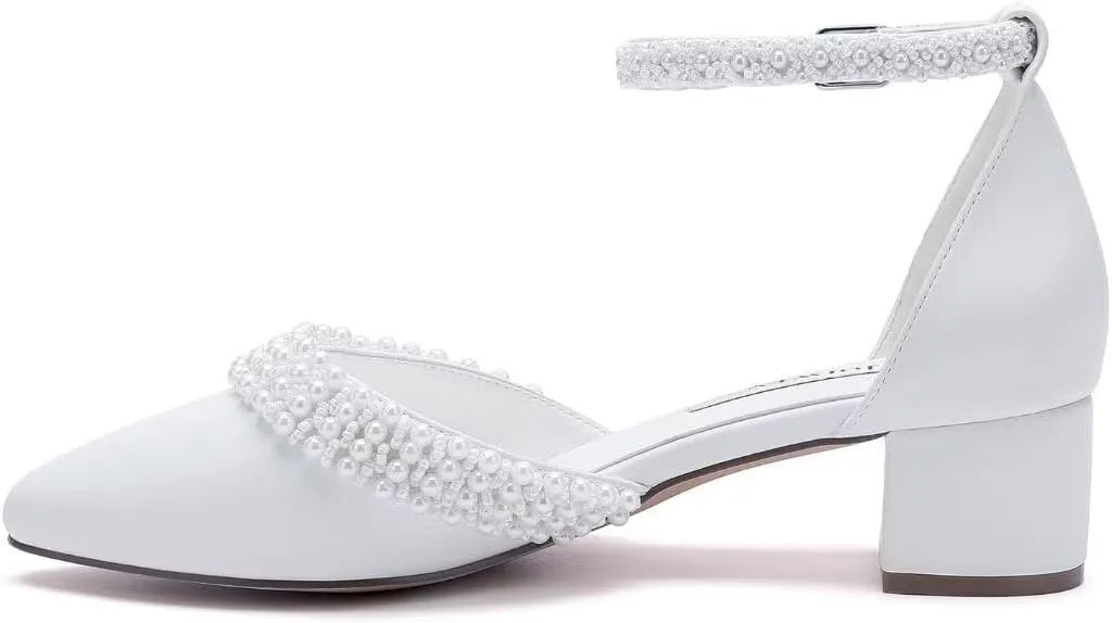 Low Block Heel Wedding Shoes for Bride Pearl Heels for Women Round Toe Bridal Shoes