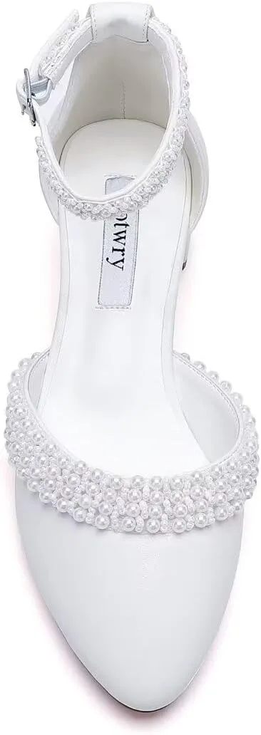 Low Block Heel Wedding Shoes for Bride Pearl Heels for Women Round Toe Bridal Shoes