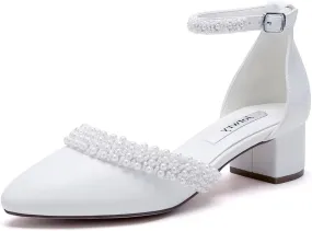 Low Block Heel Wedding Shoes for Bride Pearl Heels for Women Round Toe Bridal Shoes