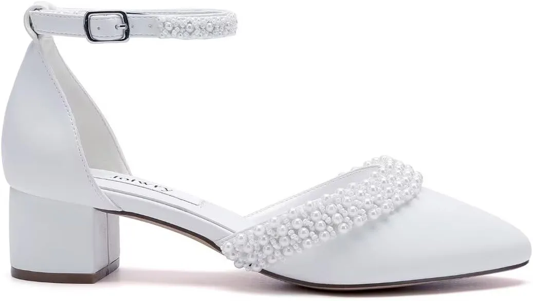 Low Block Heel Wedding Shoes for Bride Pearl Heels for Women Round Toe Bridal Shoes