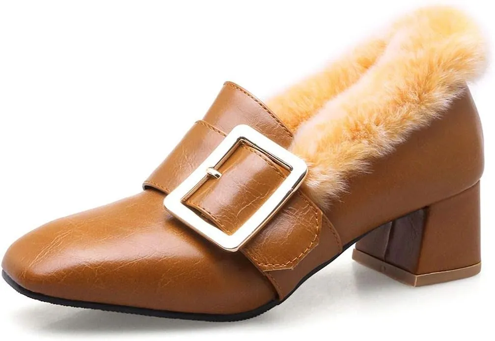 MAVMAX Women's Furry Loafers Block Chunky Mid Heel Penny Loafer Pumps