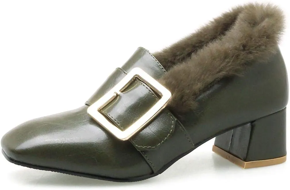 MAVMAX Women's Furry Loafers Block Chunky Mid Heel Penny Loafer Pumps