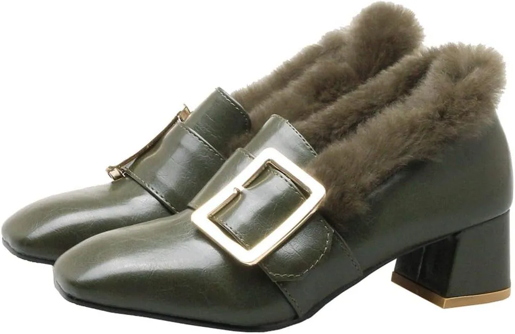 MAVMAX Women's Furry Loafers Block Chunky Mid Heel Penny Loafer Pumps