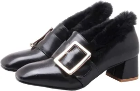 MAVMAX Women's Furry Loafers Block Chunky Mid Heel Penny Loafer Pumps