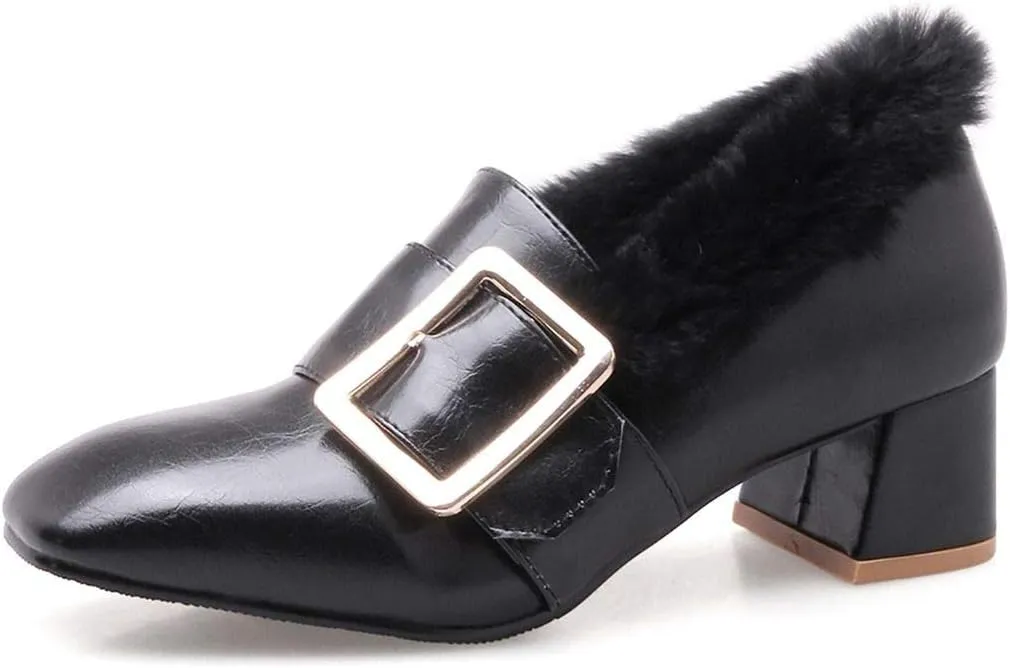 MAVMAX Women's Furry Loafers Block Chunky Mid Heel Penny Loafer Pumps