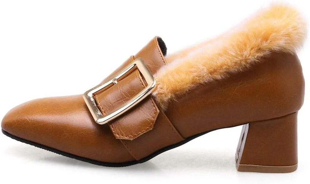 MAVMAX Women's Furry Loafers Block Chunky Mid Heel Penny Loafer Pumps