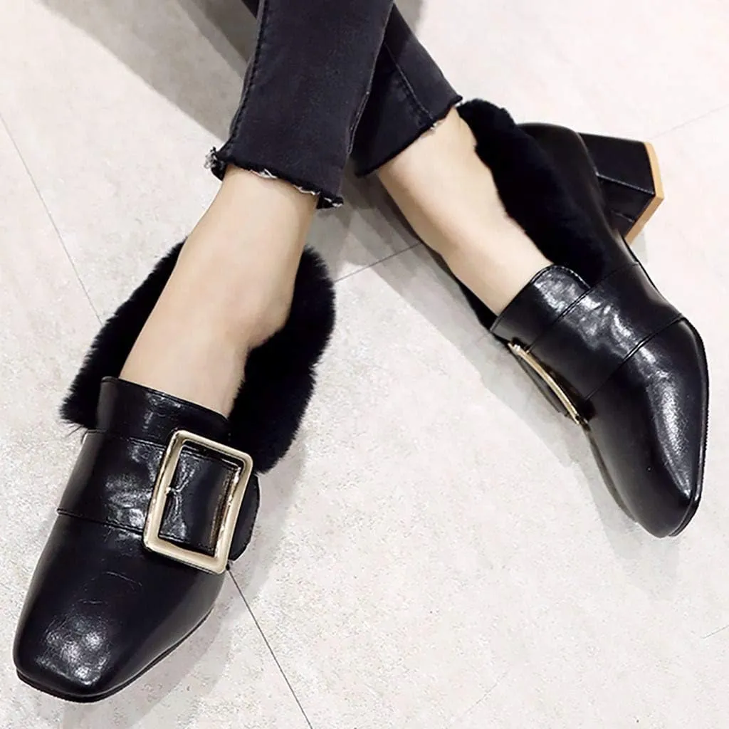 MAVMAX Women's Furry Loafers Block Chunky Mid Heel Penny Loafer Pumps