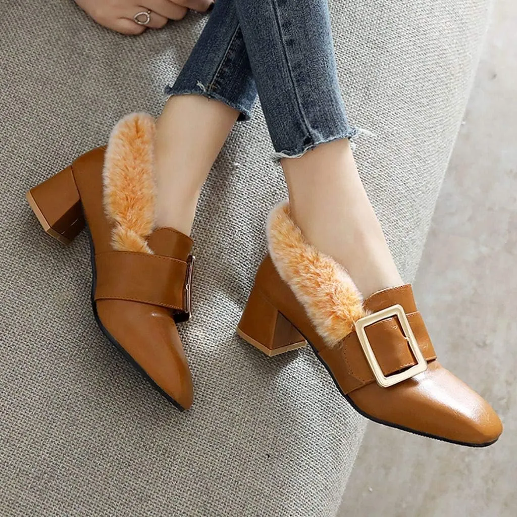 MAVMAX Women's Furry Loafers Block Chunky Mid Heel Penny Loafer Pumps