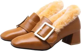 MAVMAX Women's Furry Loafers Block Chunky Mid Heel Penny Loafer Pumps
