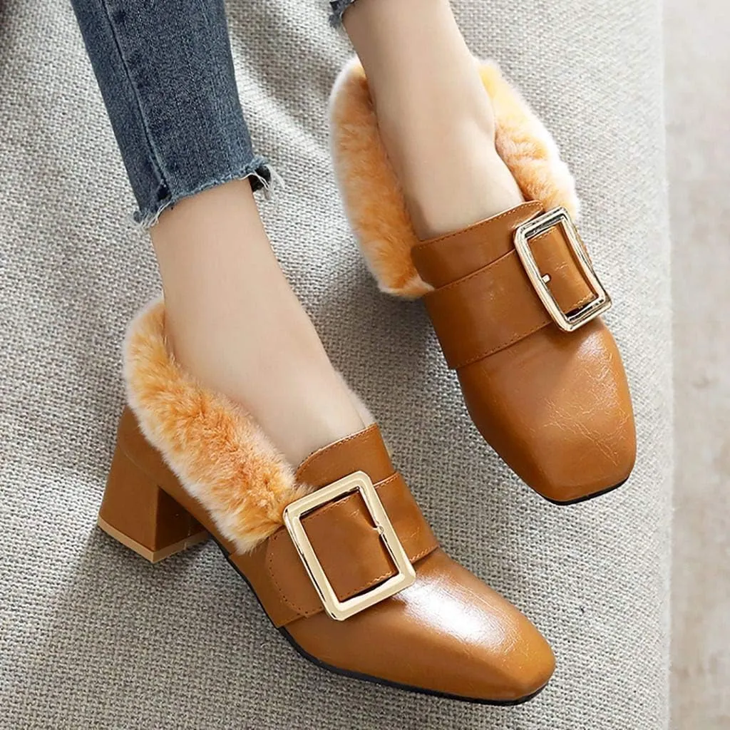 MAVMAX Women's Furry Loafers Block Chunky Mid Heel Penny Loafer Pumps
