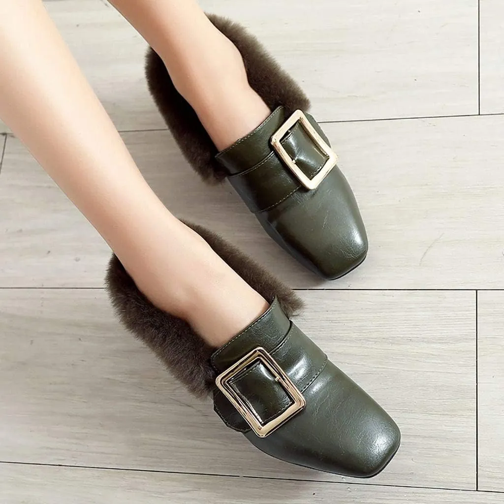 MAVMAX Women's Furry Loafers Block Chunky Mid Heel Penny Loafer Pumps