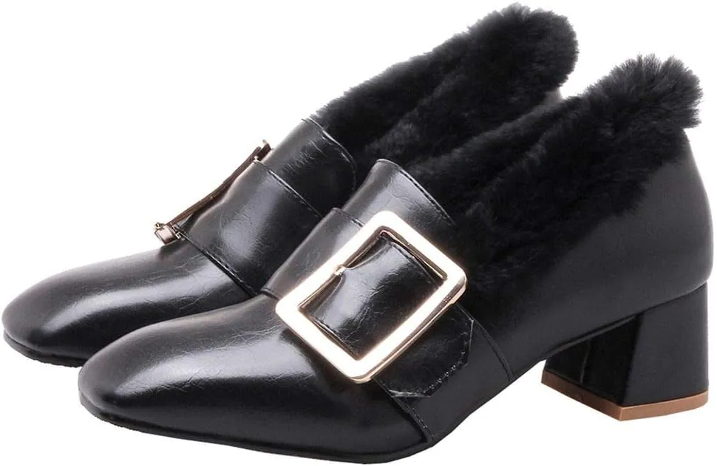 MAVMAX Women's Furry Loafers Block Chunky Mid Heel Penny Loafer Pumps