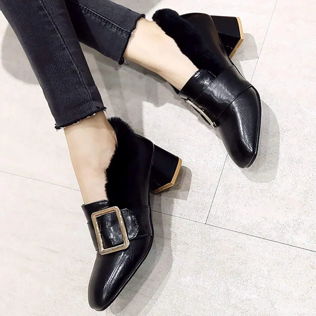 MAVMAX Women's Furry Loafers Block Chunky Mid Heel Penny Loafer Pumps
